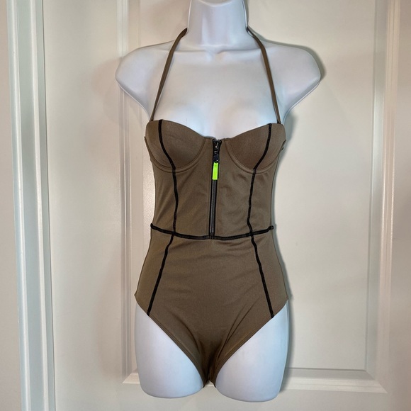 Gray Monokini w Overlock Detail & neon Zipper Pull - Picture 2 of 8